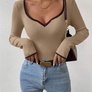 SHEIN Ribbed V-Neck Long Sleeve Top - Tan and Brown